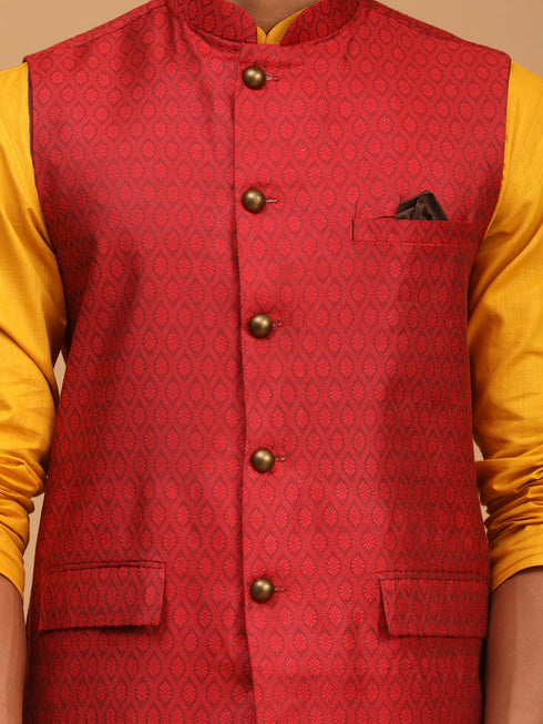 Men's Maroon Jacquard Nehru Jacket With Kurta Pyjama Set
